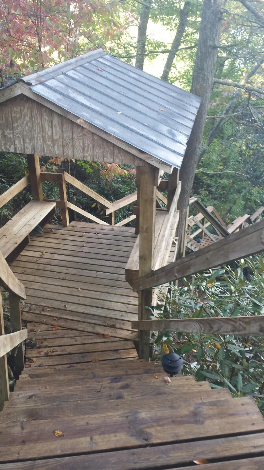 Metal roofed shelter over wooden steps on a wooded walkway — Skylight Repair & Installation work by our crew in Frenchglen